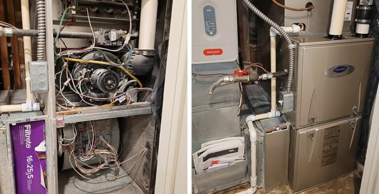 This image shows a before-and-after comparison of a furnace replacement