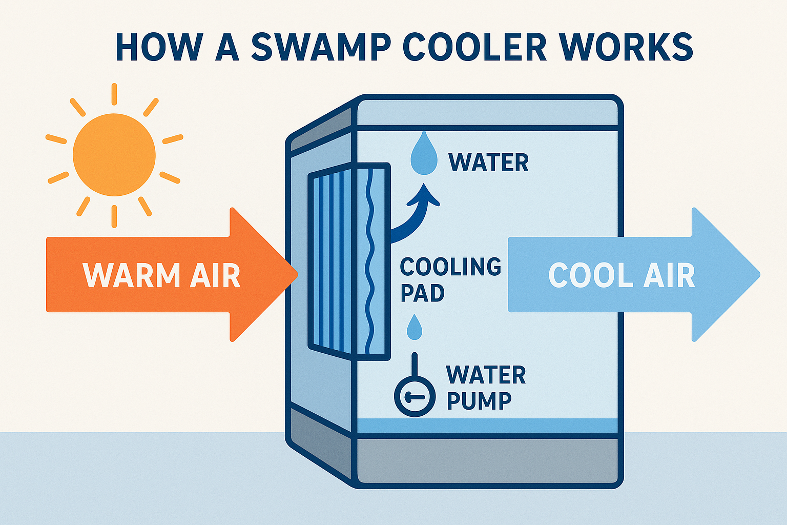 A diagram explains how a swamp cooler works