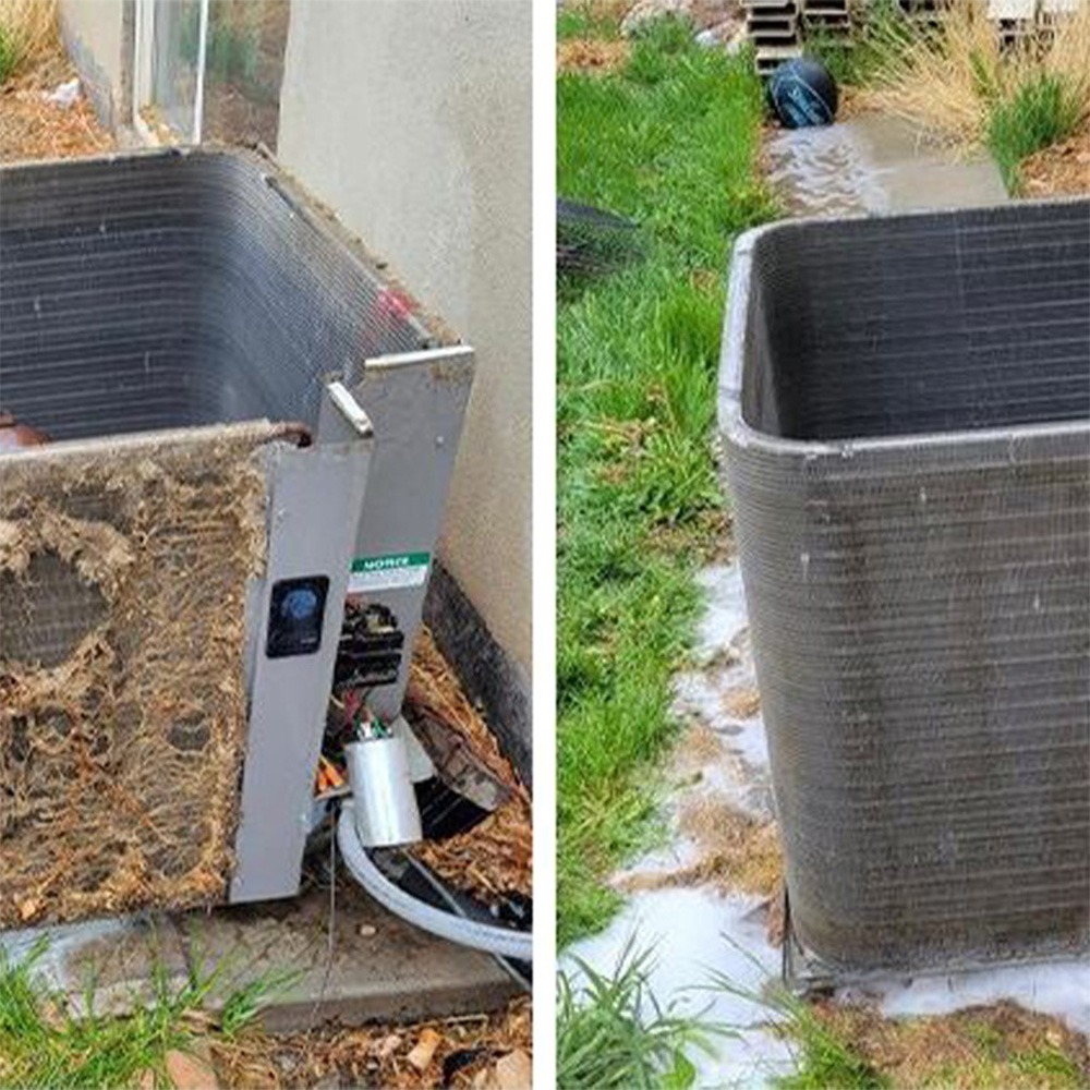 Here is a before and after image of a dirty HVAC unit cleaned up by a professional.